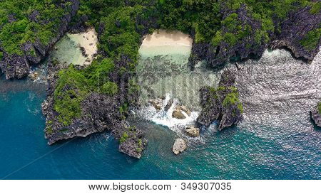 Sandy Beach With Tourists And Tropical Island By Atoll With Coral Reef, Top View. Lahos Island, Cara