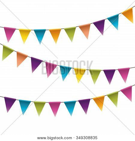 Colorful Party Pennants Chain, Garland With Flags, Holiday Background With Hanging Colorful Flags