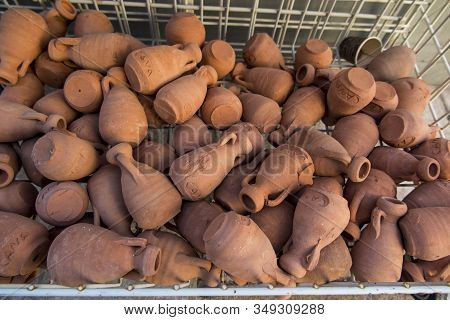 Small Clay Pots, Souvenirs From Cana Galilee In Israel, From The Place Of The Miracle Of Turning Wat