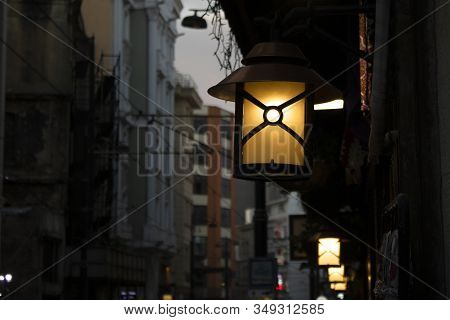 Old-style Decorative Street Lamp. Close-up. Withdrew From The Side..