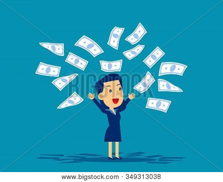Woman Throwing Banknotes In Delight. Concept Business Financial Vector Illustration, Kid Flat Cartoo