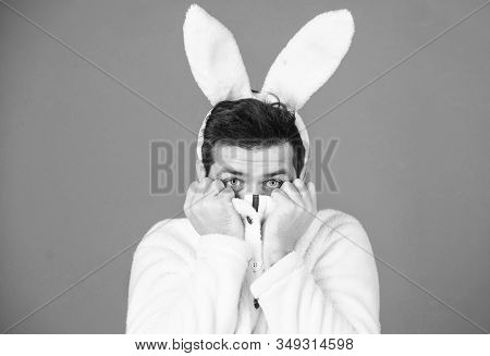Man Handsome Face Wear White Bunny Ears. Easter Bunny. White Bunny Symbol Of Easter Holiday. Soft An