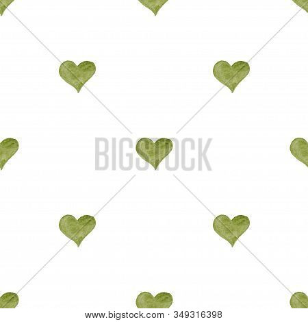 Seamless Watercolor Pattern Of Green Hearts On A White Background. Love Of Nature, .