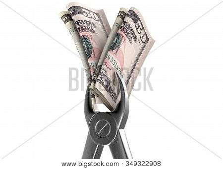 A Pair Of Medical Pliers Gripping A Rolled Up Pair Of Us Dollar Bank Notes On An Isolated White Stud