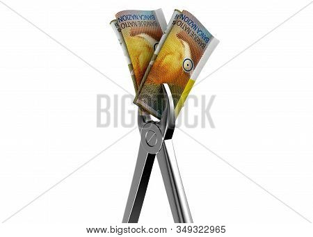 A Pair Of Medical Pliers Gripping A Rolled Up Pair Of Swiss, Franc, Bank Notes On An Isolated White 
