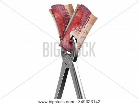 A Pair Of Medical Pliers Gripping A Rolled Up Pair Of South African Rand Bank Notes On An Isolated W