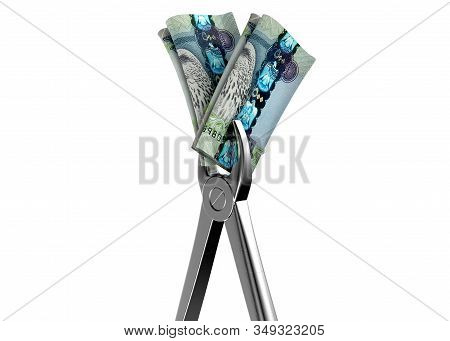 A Pair Of Medical Pliers Gripping A Rolled Up Pair Of Russian Ruble Bank Notes On An Isolated White 