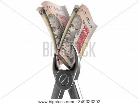 A Pair Of Medical Pliers Gripping A Rolled Up Pair Of Indian Rupee Bank Notes On An Isolated White S
