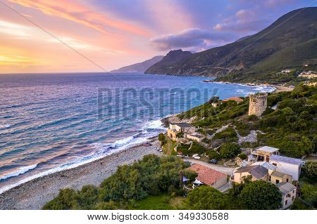 Aerial View Of Corsican Coast With Genoese Watch Tower On Cap Corse Near Farinol. Corsica, France.