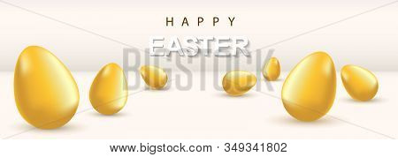 Gold Easter Eggs With Realistic Golden Shine On White Background. Inscription Happy Easter. Vector I