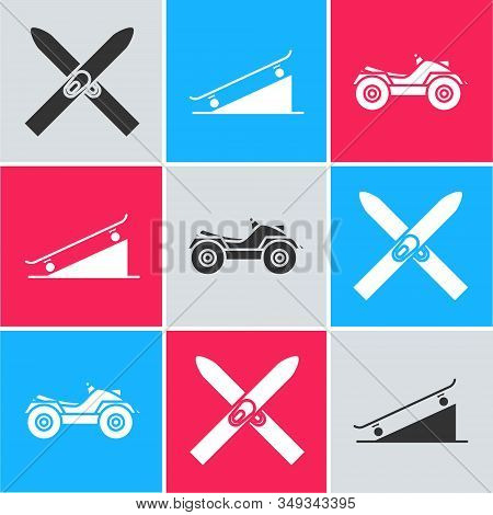 Set Ski And Sticks, Skateboard On Street Ramp And All Terrain Vehicle Or Atv Motorcycle Icon. Vector