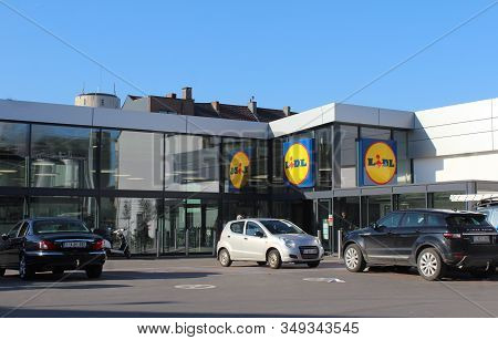 Aalst, Belgium, 6 February 2020: View Of The New Lidl Supermarket In Aalst. German Owned Lidl Stiftu