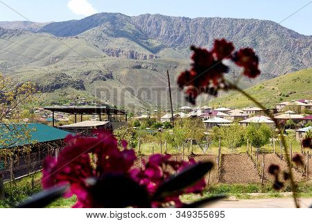 Winery Mountain Village Of Areni In Armenia. View Through Window With Indoor Flowers Out Of Focus