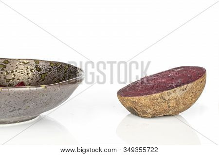 One Half Of Raw Sweet Beetroot In Glazed Bowl Isolated On White Background