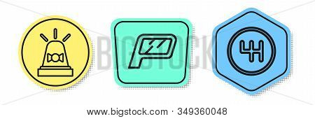 Set Line Flasher Siren, Car Mirror And Gear Shifter. Colored Shapes. Vector