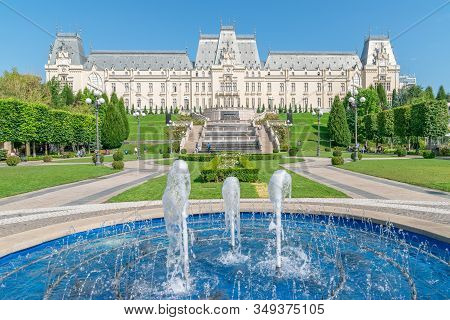 The Palace Of Culture In Iasi, Romania. Rearview From The Palas Garden Of The Palace Of Culture, The
