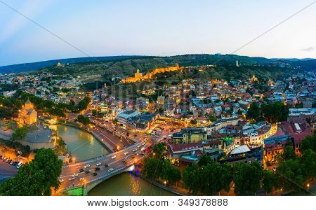 The Evening Panorama Of The Old Town In The Old District Of Avlabari, Virgin Mary Metekhi Church And