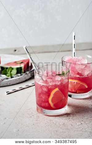 Summer Refreshing Watermelon Cocktail Agua Fresca With Mint And Lemon.