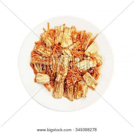 Spicy Chinese Or Korean Yuba Tofu Bamboo And Carrots Salad On White Background.