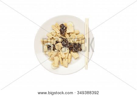 Spicy Chinese Or Korean Yuba Tofu Bamboo And Oyster Mushrooms On White Background.