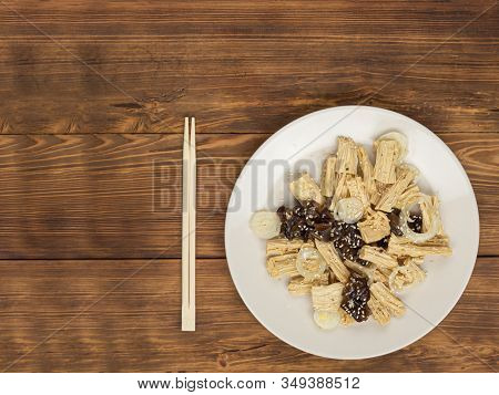 Spicy Chinese Or Korean Yuba Tofu Bamboo And Oyster Mushrooms On Wooden Background.