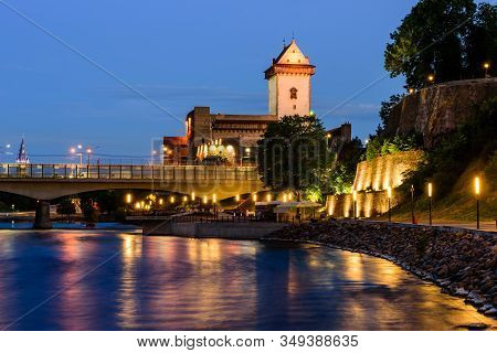 Narva, Estonia - June 1, 2018: Beautiful Night View Of Narva Castle