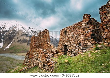 Ancient Stone Fortress On Mountain Background Near Karatkau Village, Kazbegi District, Mtskheta-mtia