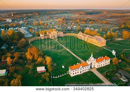 Ruzhany, Brest Region, Belarus. Cityscape Skyline In Autumn Sunny Evening. Birds-eye View Of Ruzhany