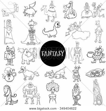 Black And White Cartoon Illustration Of Fantasy Or Fairy Tale Comic Characters Large Set Coloring Bo
