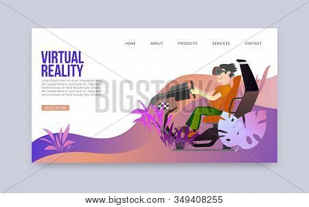 Virtual Augmented Reality Vector Web Trmplate. Illustration Of Young Man In Vr Glasses In Armchair P