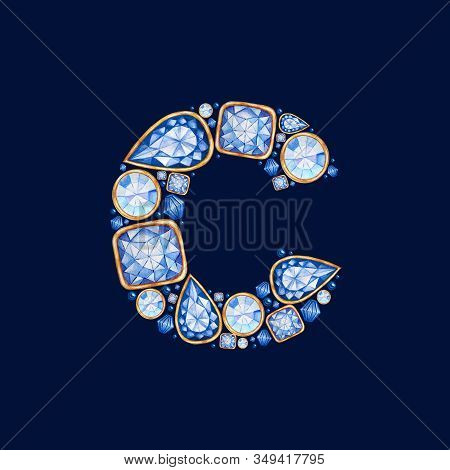 Classic Blue Crystal Letter. Alphabet With Diamonds And Brilliant, Jewelry Shop Logo Concept On Dark