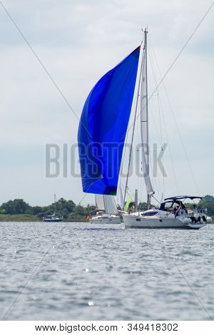 Weekend Sailing On Small Jacht Boat On Riviers And Canals In South Holland, Kaag, Netherlands