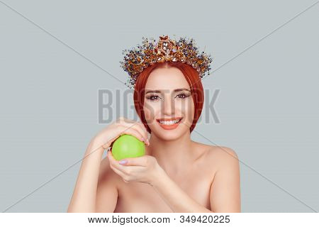 One Apple A Day Keeps Doctor Away. Beauty Queen Smiling Holding Green Apple Toothy Smile Pretty Woma