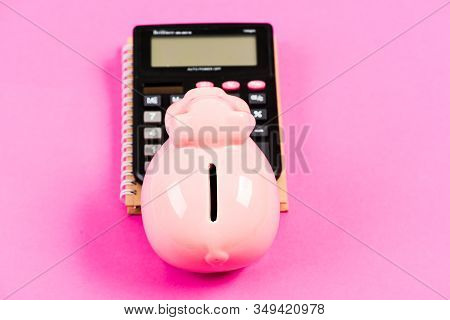 Credit Concept. Calculate Profit. Piggy Bank Pink Pig And Calculator. Business Administration. Finan