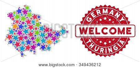 Colorful Thuringia Land Map Composition Of Stars, And Scratched Rounded Red Welcome Seal. Abstract T