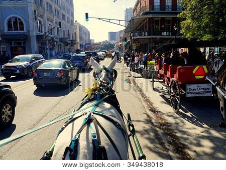 New Orleans, Louisiana, U.s.a - February 1, 2020 - The View Of Decatur Street From The Back Of A Hor