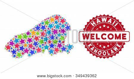 Color Kahoolawe Island Map Collage Of Stars, And Textured Rounded Red Welcome Stamp Seal. Abstract T