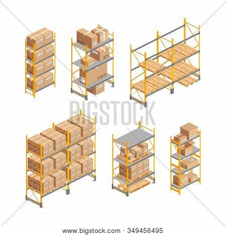 Isometric Warehouse Rack Set With Pallet, Boxes Isolated On White. 3d Metallic Shelves. Storage Equi
