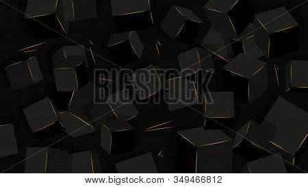 Minimalist Black Sci-fi Background, Black Cubes With Golden Edges.