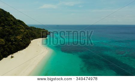 Tropical Beach With Palm Trees And Turquoise Waters Of The Coral Reef, Top View, Puka Shell Beach. B
