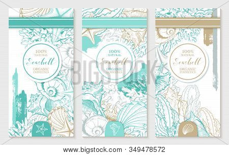 Vertical Design Template With Pastel Turquoise And Gold Seashells. Printable Cosmetic Vector Design 