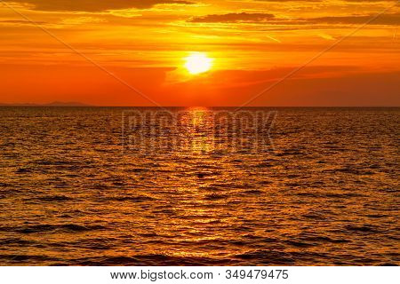 Sunset On The Adriatic Sea At Petrcane Village Near Zadar Town In Croatia, Europe.