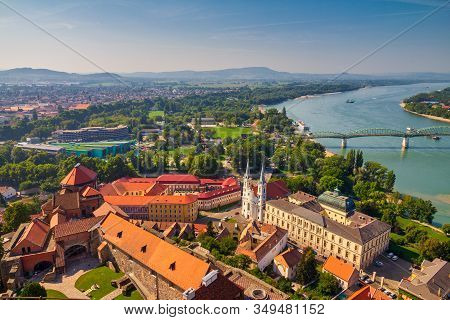 View Of The Historic Town From The Esztergom Basilica In Hungary. The Danube River And The Border Br