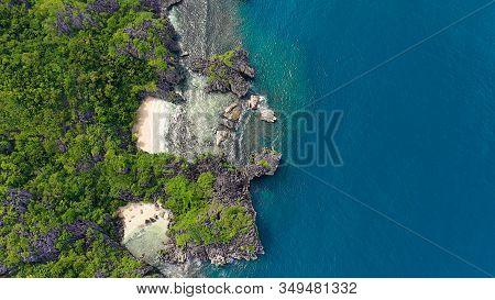 Tropical Island With Sandy With Tourists And Blue Sea, Aerial View. Lahos Island, Caramoan Islands, 