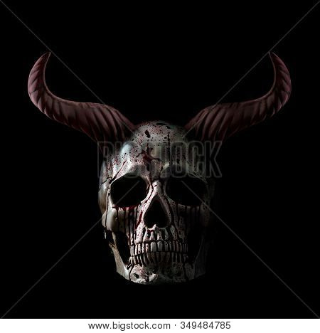 Human skull in blood with horns isolated on black background