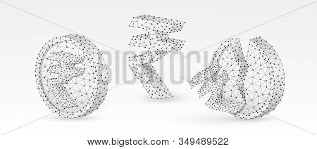 Set Of Rupee Coins With Symbols. Abstract Polygonal Indian Money Growth And Downtrend Concept, Image