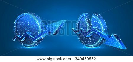 Set Of Growth And Downtrend Arrows On A Blank And Broken Coin. Unstable Finance, Broken Circle, Mark