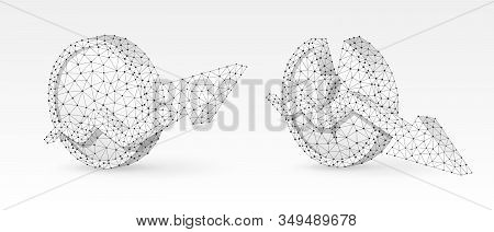 Set Of Growth And Downtrend Arrows On A Blank And Broken Coin. Unstable Finance, Broken Circle, Mark