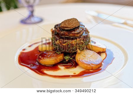 Tournedo beef fillet on restaurant table