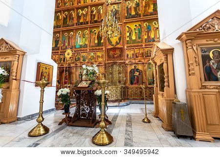 Veliky Novgorod, Russia - August 23, 2019: Russian Orthodox Church. Interior Of The Nicolo-vyazhishc